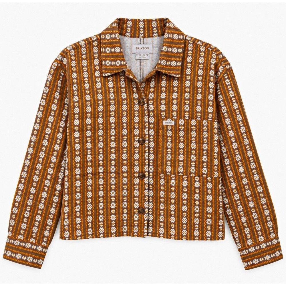 Brixton Mens S Aztec Striped Twill Button Up Shirt Brown White Orange Pockets